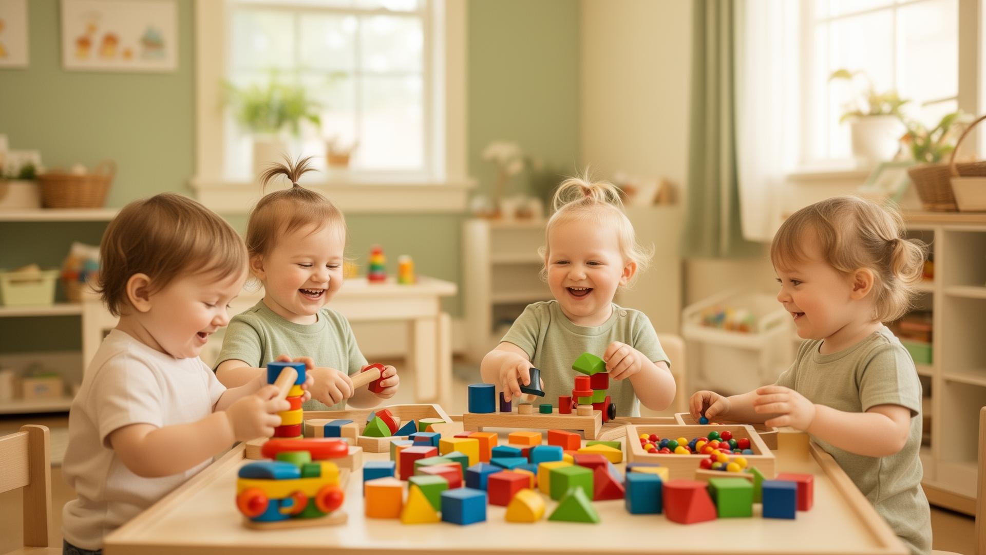 Toddlers happily engaged in colorful classroom activity